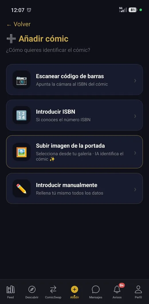 Pantalla de añadir cómic en la app