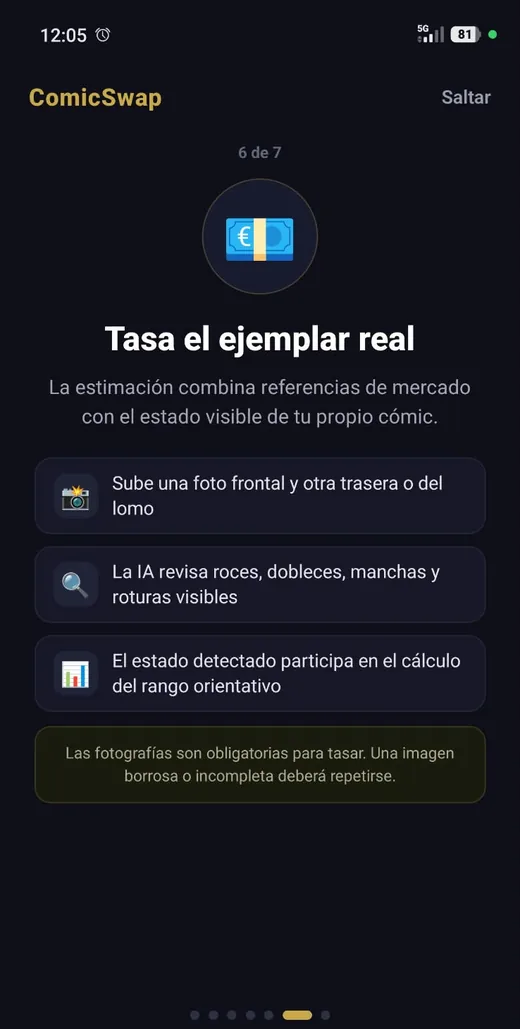 Pantalla de tasar con fotos en la app